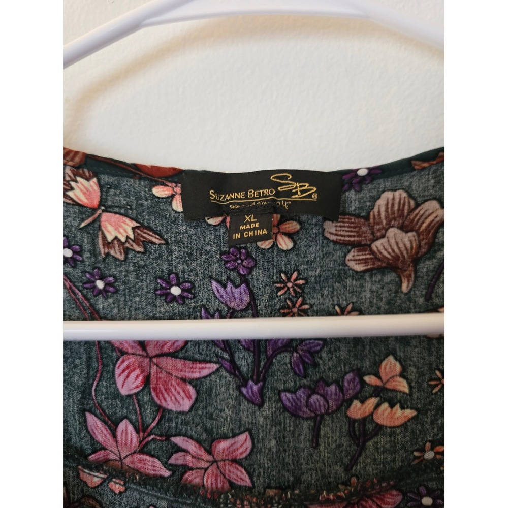Suzanne Betro Floral Blouse Forest Green Pink Orange Tie Neck Top XL - Picture 4 of 6